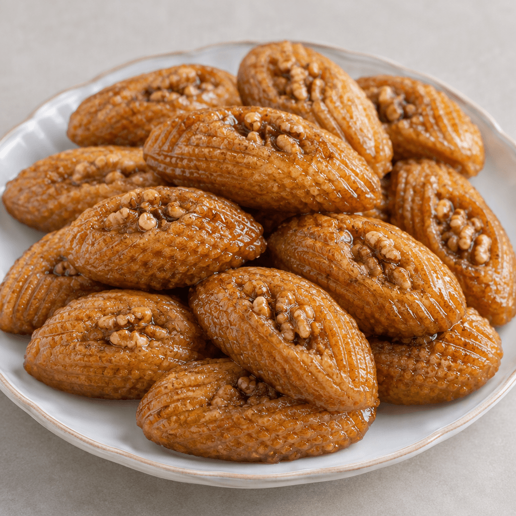 Oval golden-brown pastries with ridged, sieve-patterned surfaces, visible walnut filling at the centers, and a glossy syrup sheen, arranged on a serving plate.