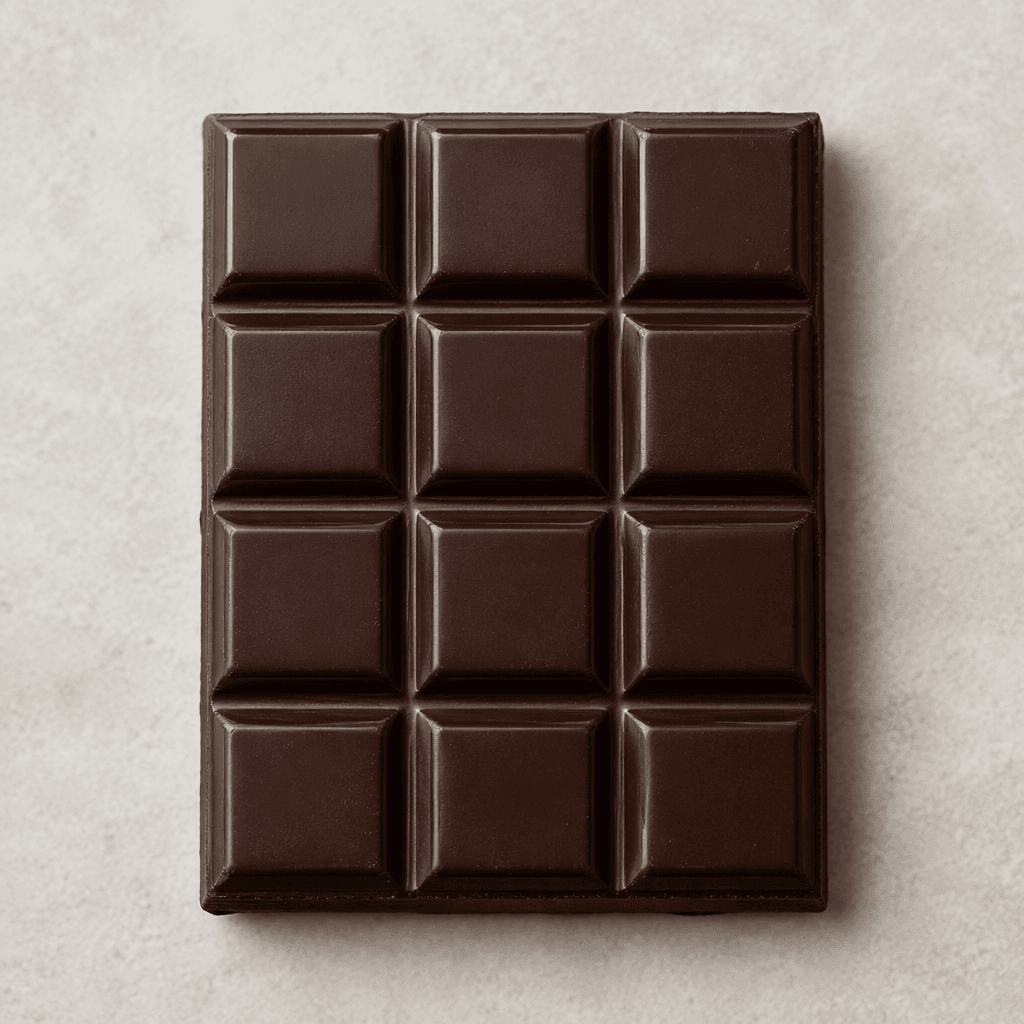 A deep brown dark chocolate bar, divided into neat rectangular segments with a smooth, slightly glossy surface and crisp edges.