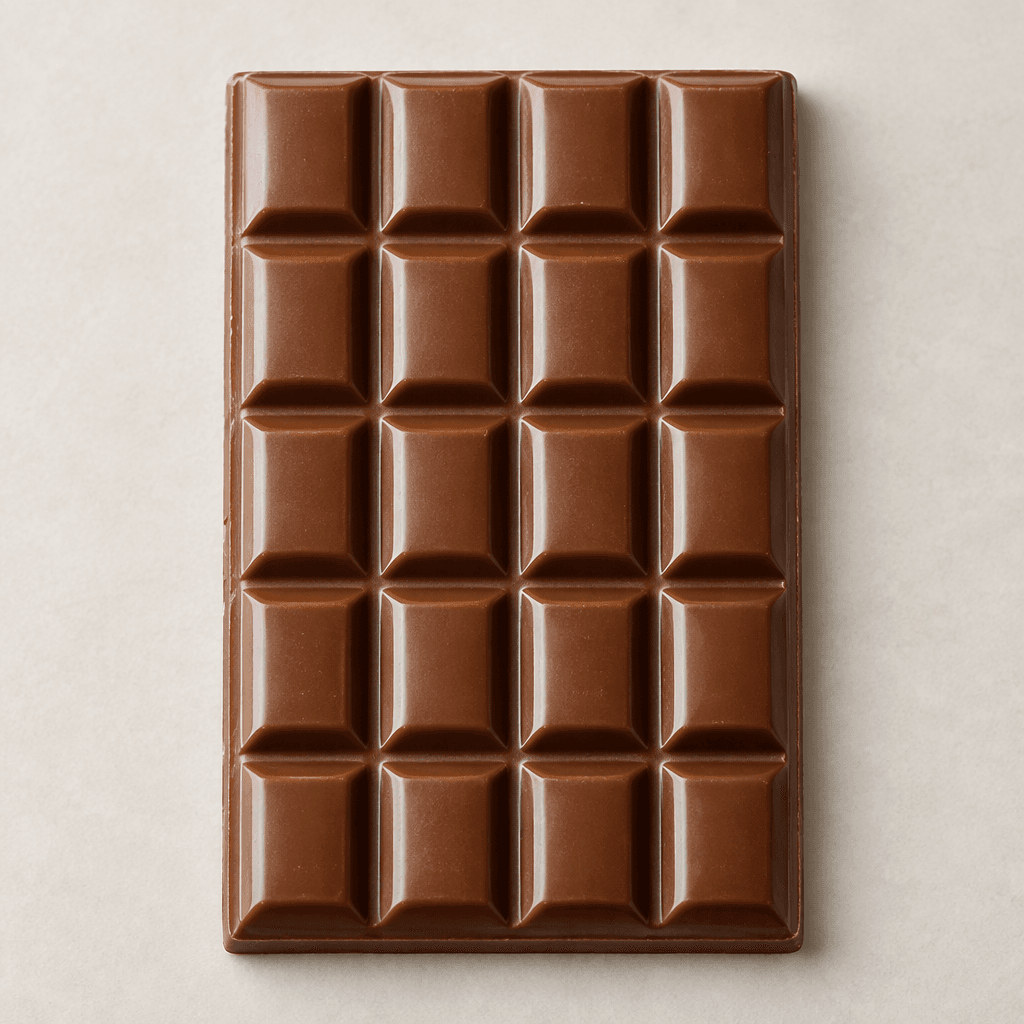 A rectangular milk-chocolate bar with a smooth, glossy brown surface divided into raised, bite-sized segments.