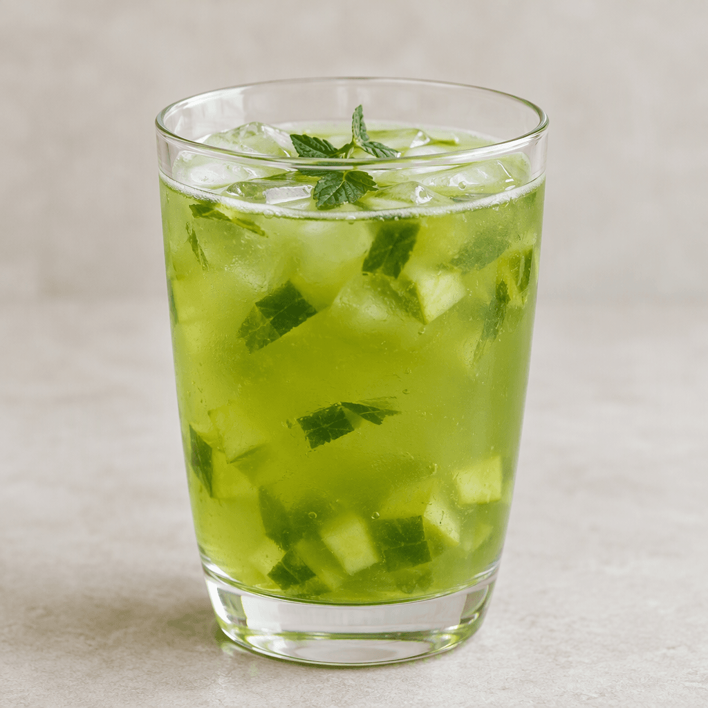 A translucent green drink is served in a clear glass, with a few small pieces of green fruit or leaves visible in the liquid.