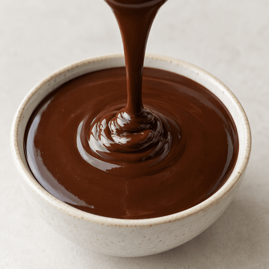 A smooth, glossy, dark-brown cocoa sauce with a thick, pourable consistency.