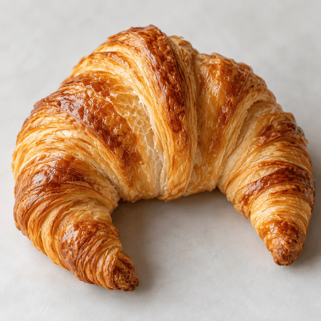 A crescent-shaped pastry with a glossy golden-brown crust, curved tapered ends, and distinct flaky layers visible along its surface.