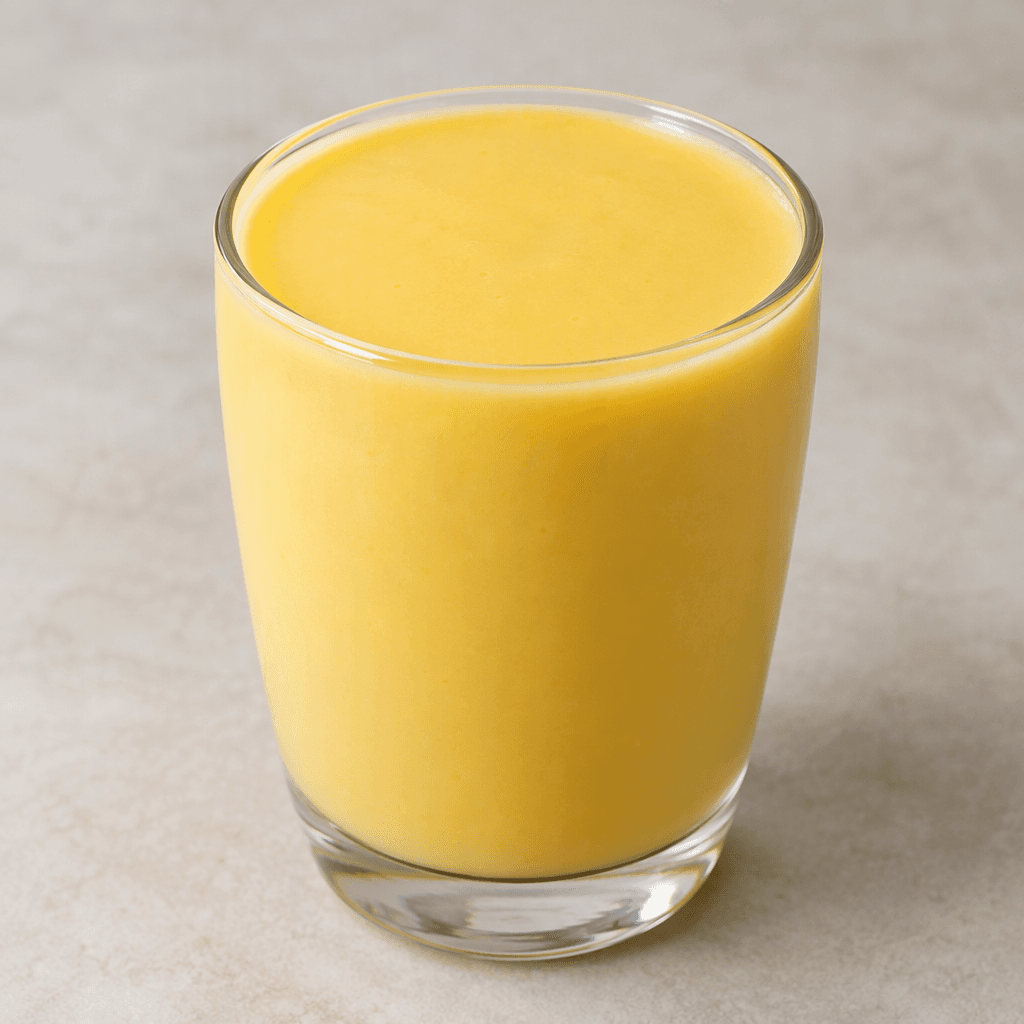 A smooth, opaque, pale mango-yellow drink fills a clear glass, with an even, creamy-looking surface and no visible pieces or garnish.
