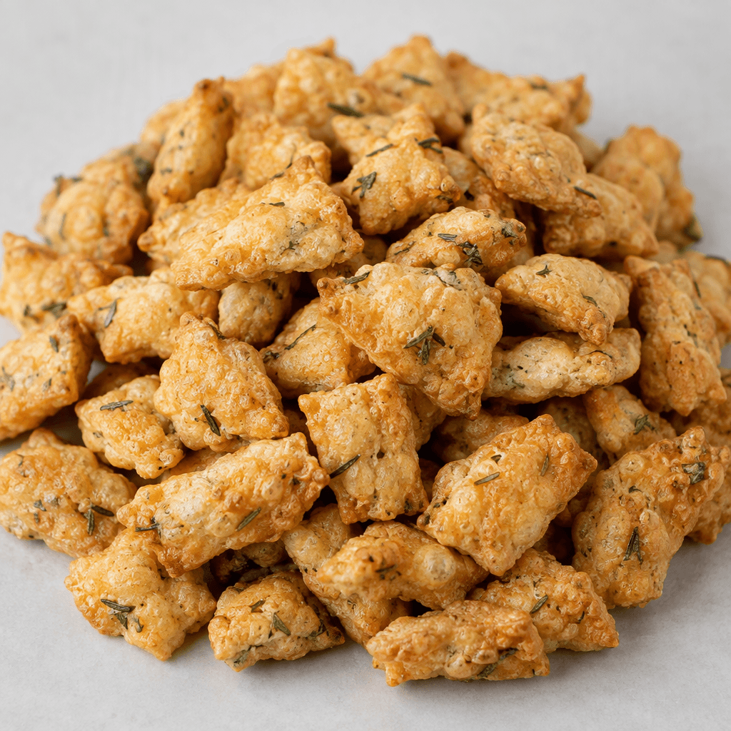 Small, irregular golden-brown crunchy pieces with a dry, lightly bubbled surface and visible green rosemary flecks.