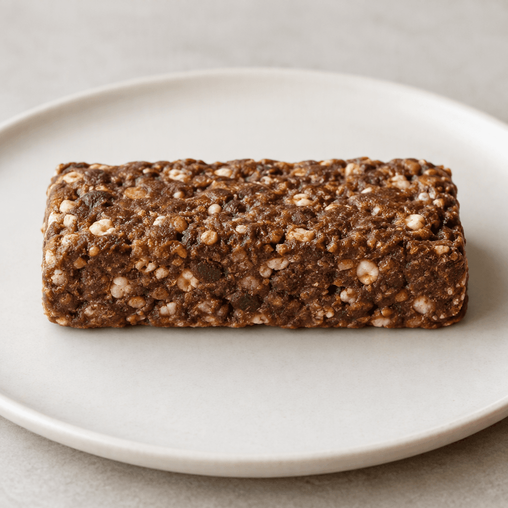 A compact, rectangular brown protein bar with a slightly uneven, textured surface and small pale cereal-like pieces visible throughout, shown whole on a plain plate.