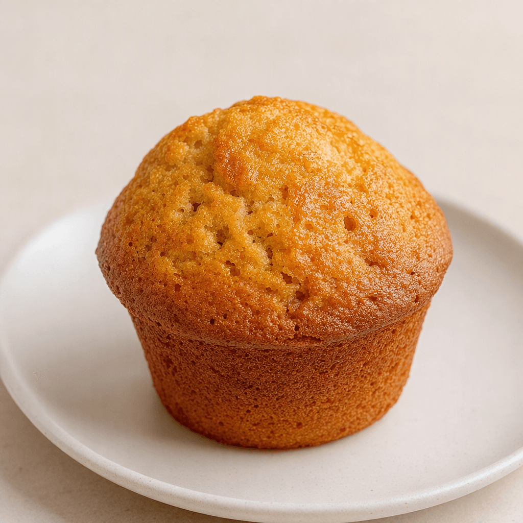 A small, round muffin with a gently domed golden-brown top and a slightly uneven, porous surface sits on a plain plate.