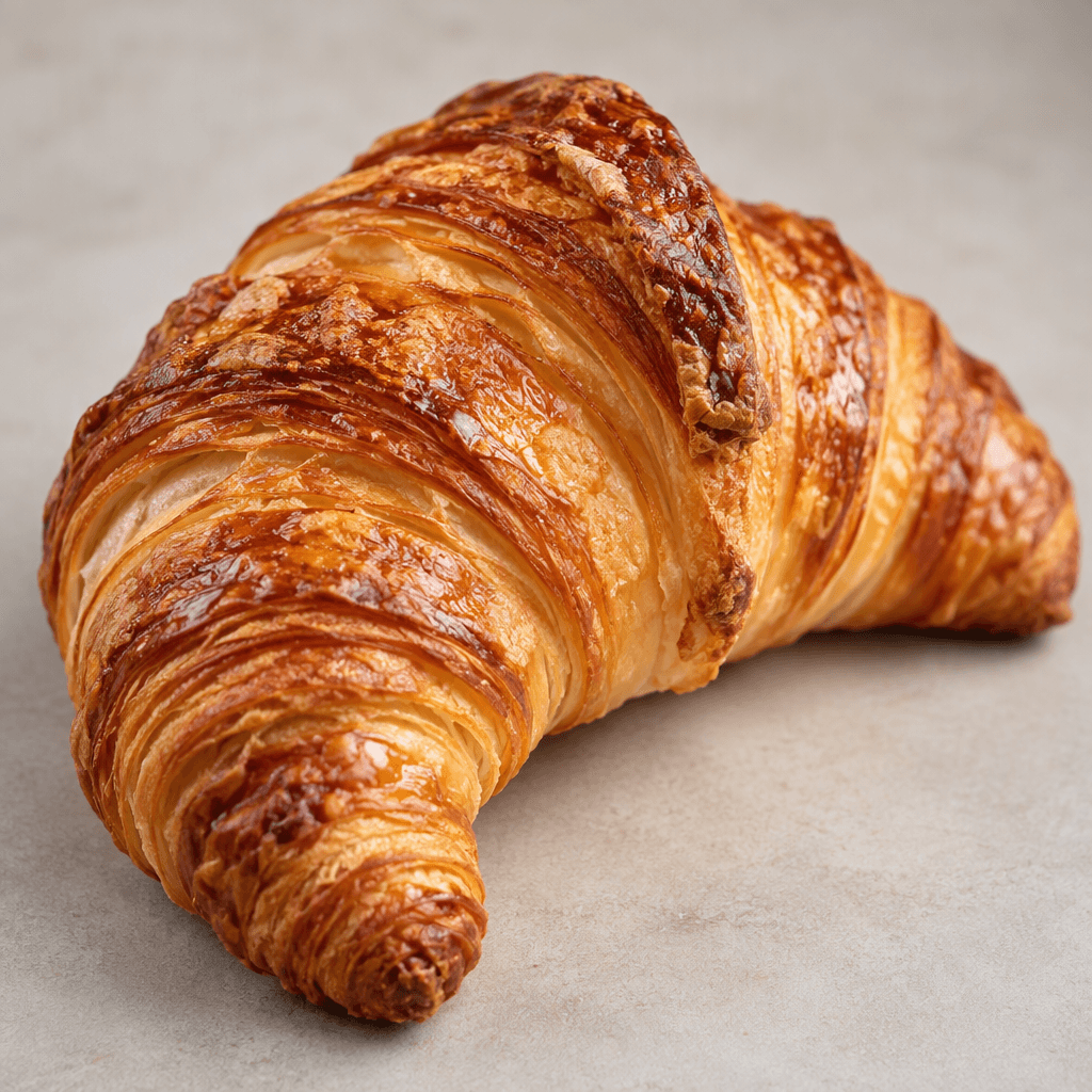 A golden-brown, crescent-shaped croissant with distinct flaky layers and a lightly glossy, uneven crust.