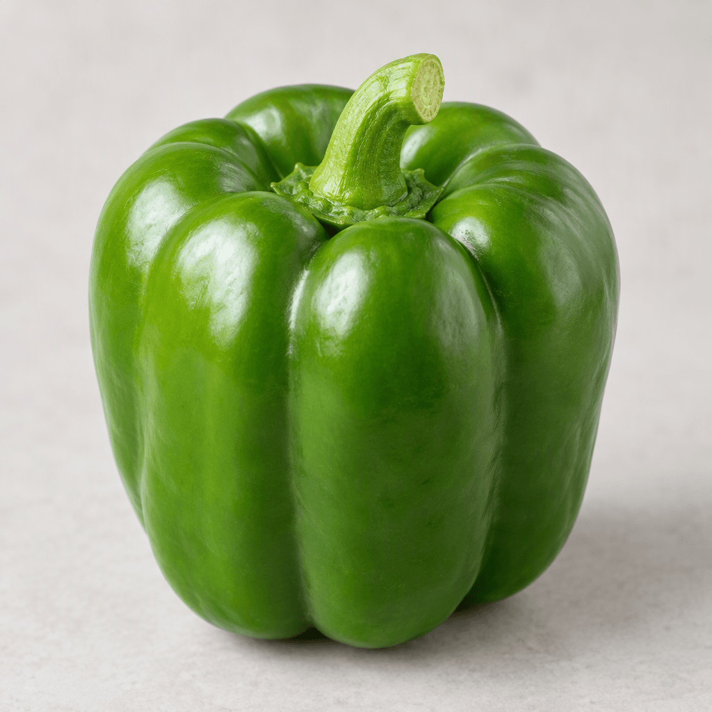 A large, squat bell pepper with broad shoulders, smooth glossy skin, deep vertical lobes, and a short green stem, shown whole in a vivid green color.