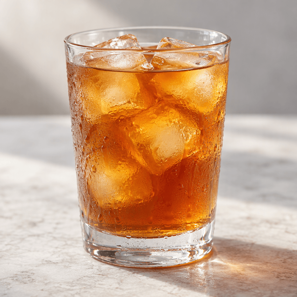 A clear glass holds translucent amber-brown iced tea with several pale ice cubes and light condensation on the outside.