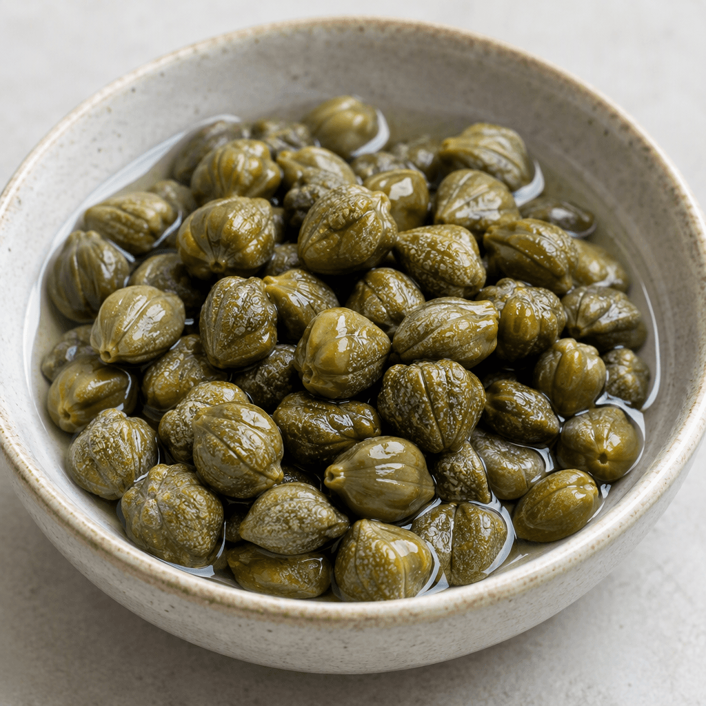 Small olive-green caper buds with tightly closed, rounded shapes and slightly wrinkled surfaces, scattered in a shallow dish with a little clear brine.