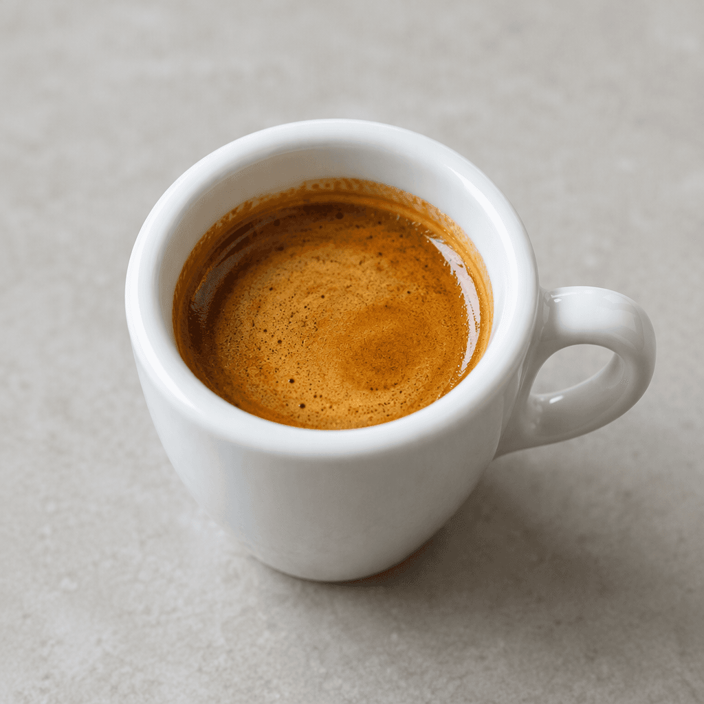 A small cup of dark brown espresso with a thin, tawny crema across its surface.