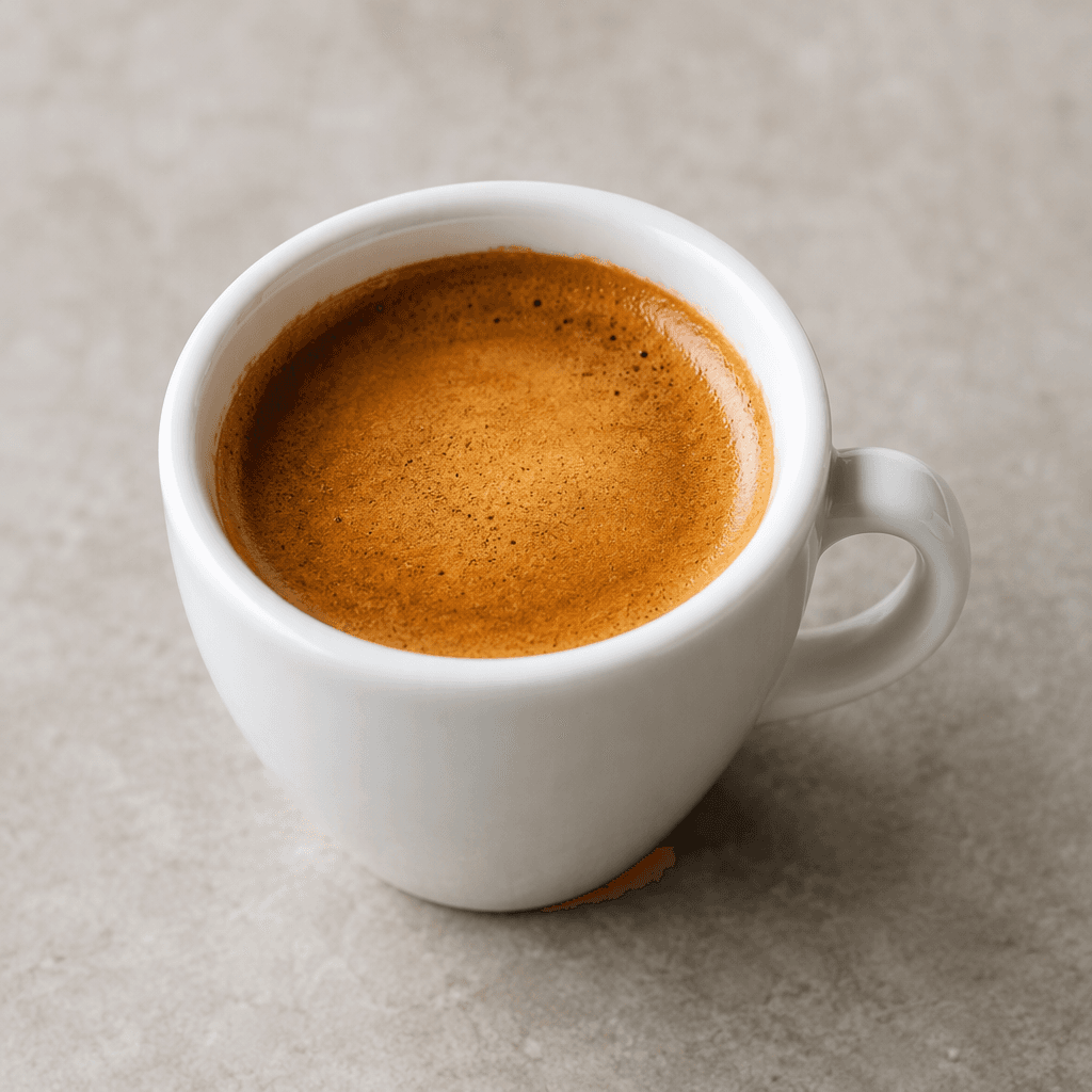A small cup holds dark brown coffee topped with a thin, even layer of golden-brown crema.