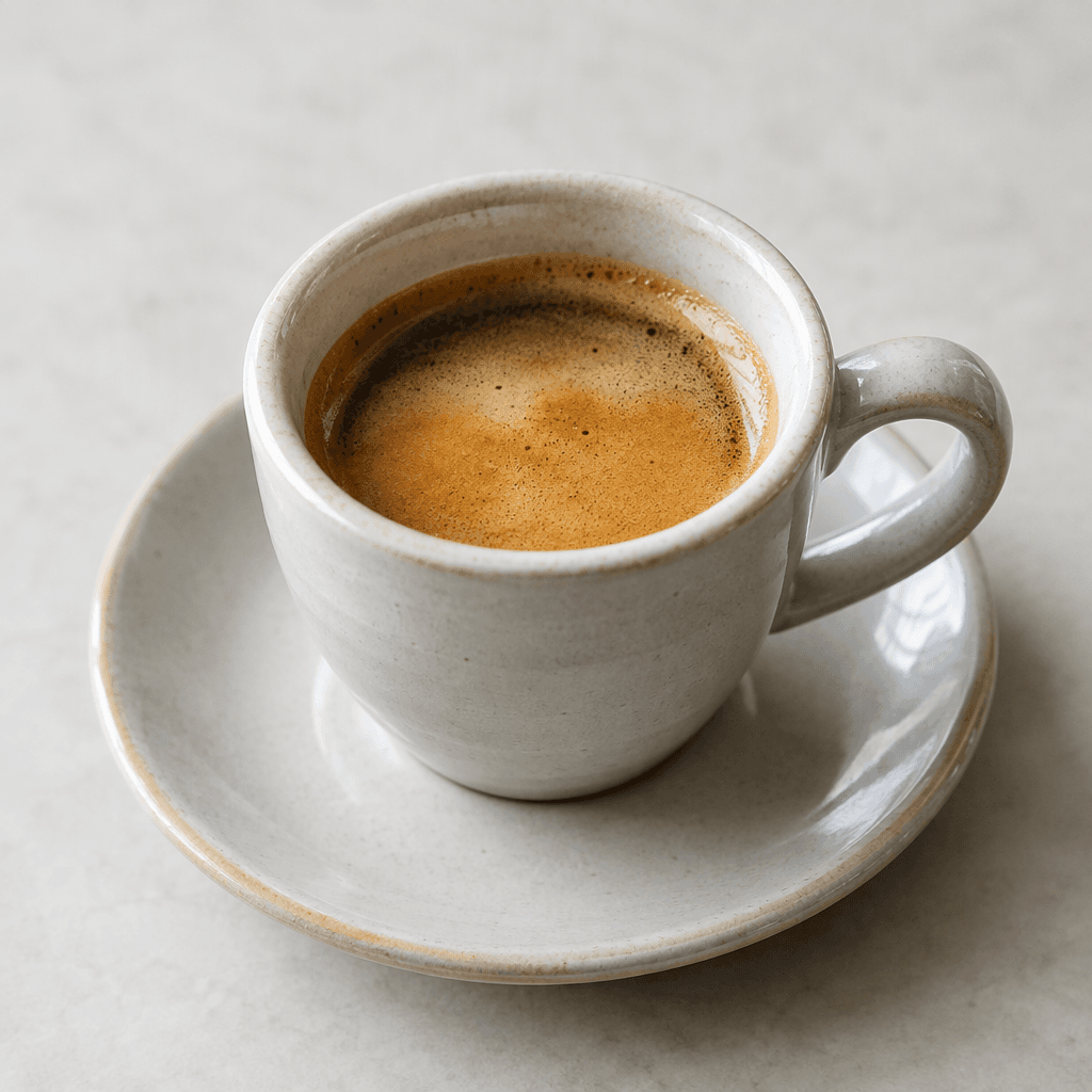 A small serving of dark brown coffee sits in a cup, topped with a thin layer of light tan crema.