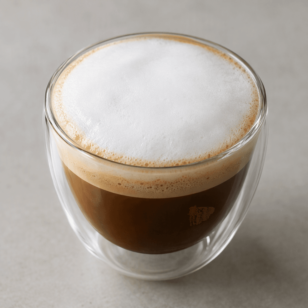 Küçük bir fincanda, üzerinde ince kabarcıkları belli olan kalın ve pürüzsüz beyaz süt köpüğüyle kaplı koyu kahverengi espresso bulunur; köpük hafifçe kubbemsi bir yüzey oluşturur.