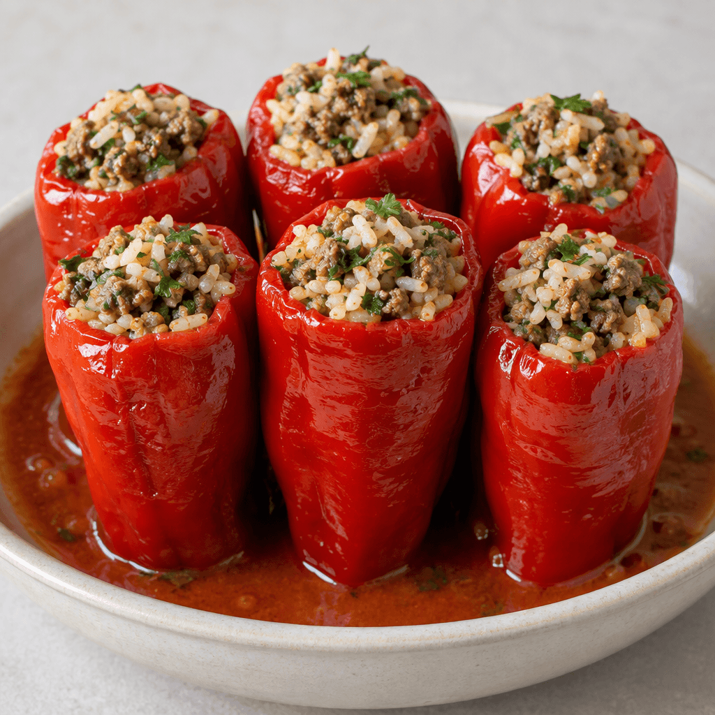 Glossy, deep-red elongated kapya peppers with their stems removed, filled to the top with a visible mixture of pale rice, browned minced meat, and green herbs, arranged upright in a shallow dish with a little red sauce around them.