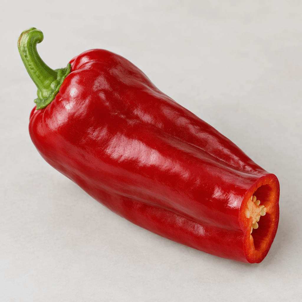 A long, broad, tapered red pepper with smooth, glossy deep-red skin, gentle ridges, a green stem, and thick, firm flesh visible at the cut end.