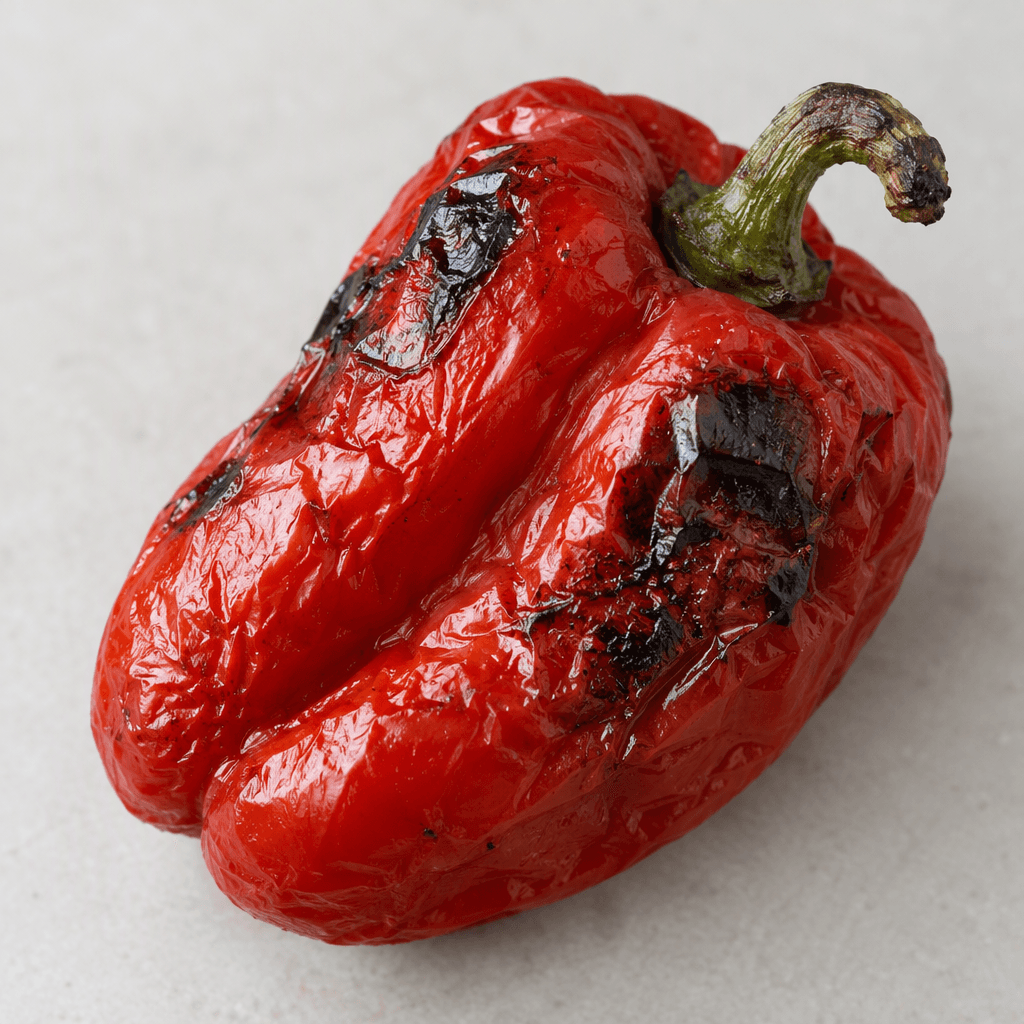 Soft, glossy deep-red bell pepper with wrinkled skin, scattered blackened blistered patches, and a plump curved shape, served whole or in broad tender strips.