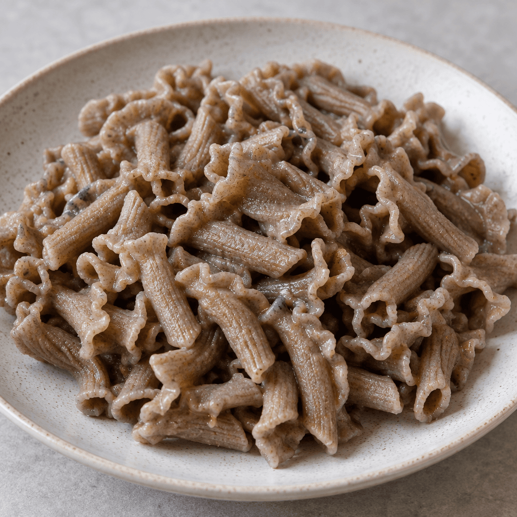 Cooked buckwheat pasta consists of short, irregularly shaped pieces in muted brown and gray tones, with a slightly rough, matte surface, piled on a plate.