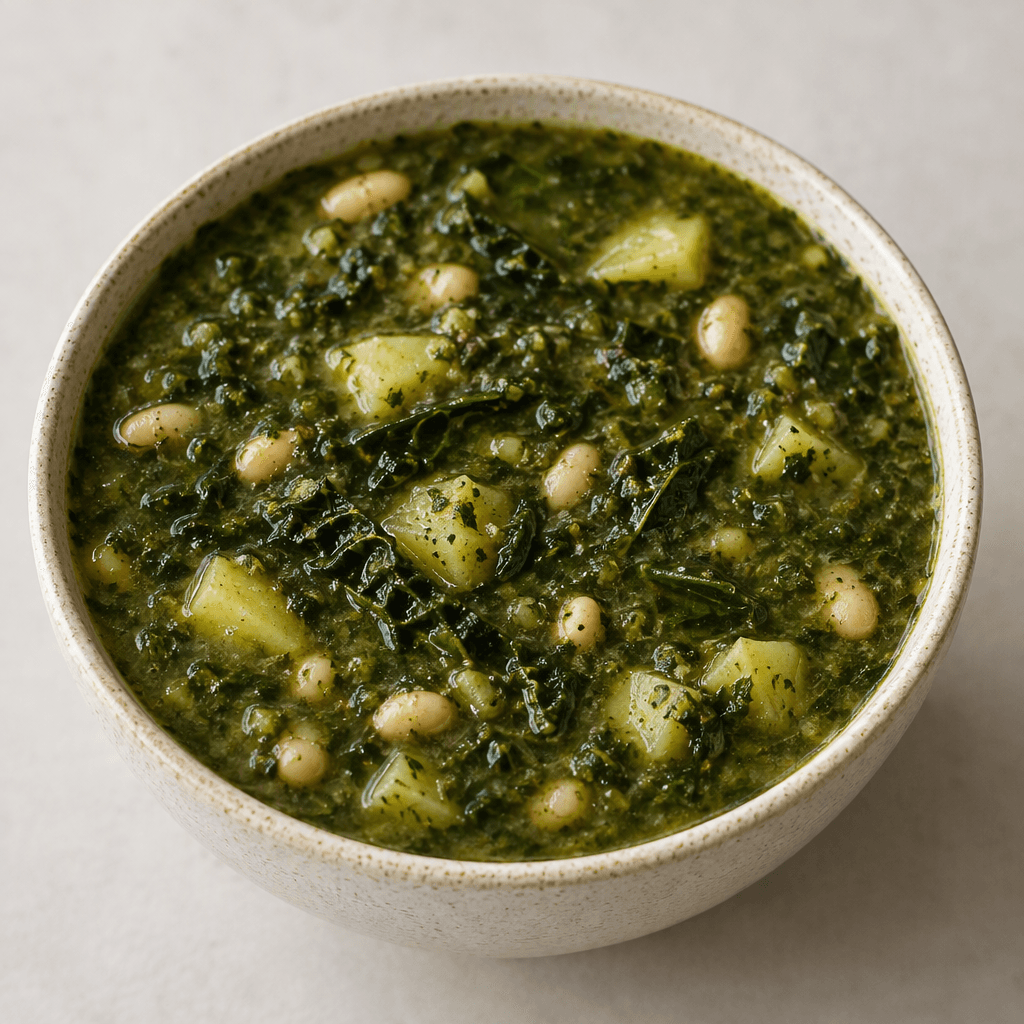 A bowl of thick, dark green soup filled with finely chopped black cabbage leaves, small pale potato pieces and scattered beans, with a slightly grainy surface and a few leafy strands visible on top.