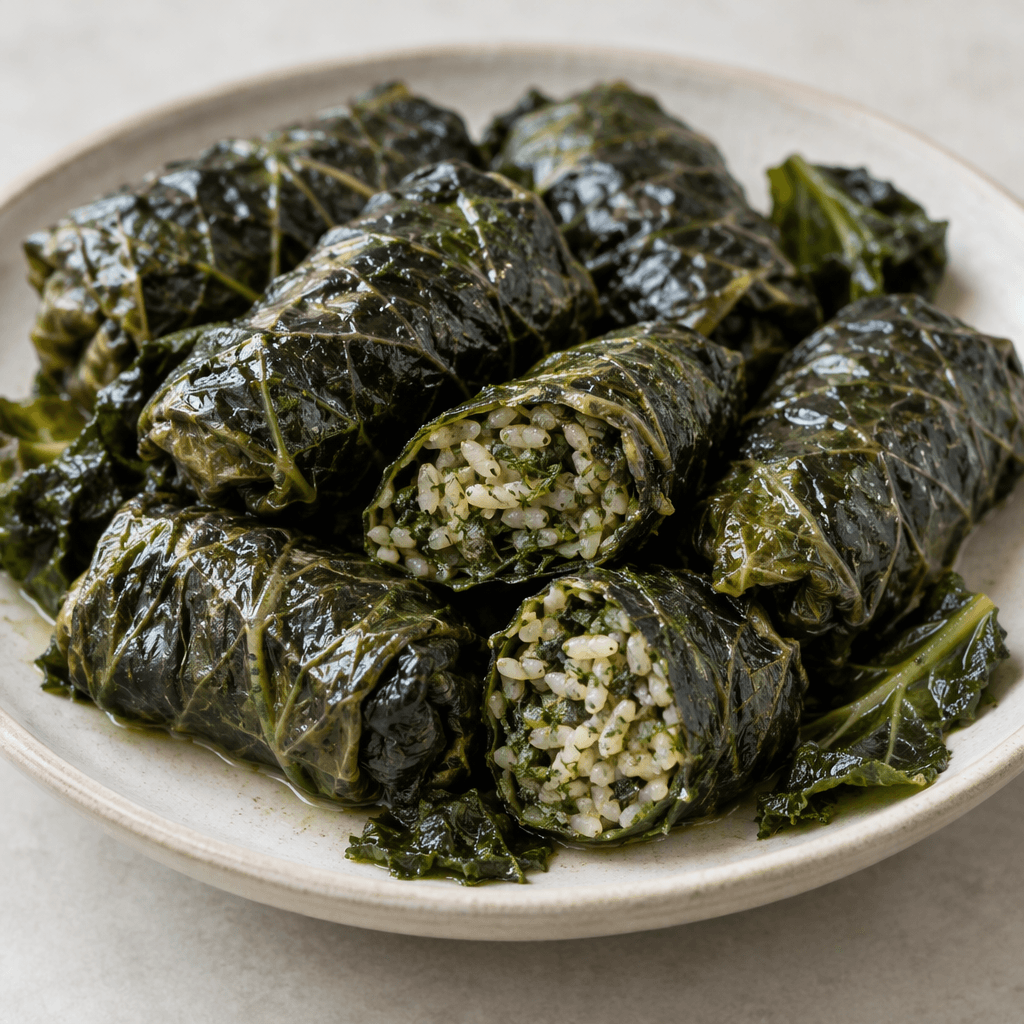 Dark green-black cabbage leaves are tightly rolled into short cylinders around a visible rice-and-herb filling, arranged closely on a serving plate with a moist, glossy surface and a few loose leaves nearby.