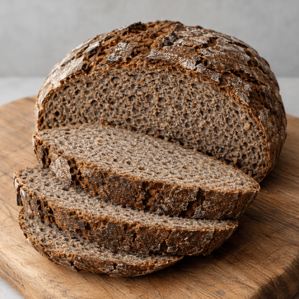 A rustic loaf of buckwheat bread with a dark brown, cracked crust and a dense, slightly coarse gray-brown crumb visible in several thick slices, arranged on a wooden board.