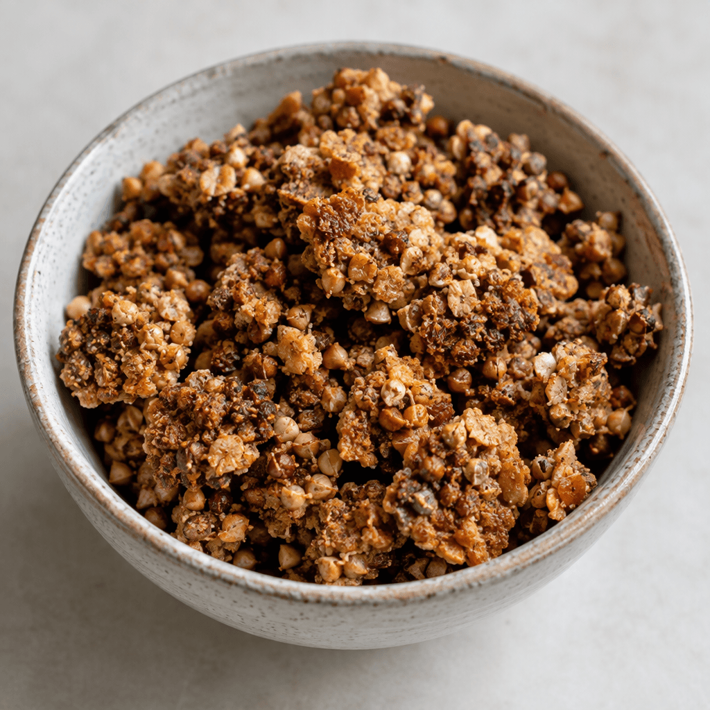 Irregular, crunchy-looking clusters of toasted buckwheat groats and grains in shades of golden brown and deep brown, scattered in a bowl with a coarse, crumbly texture.