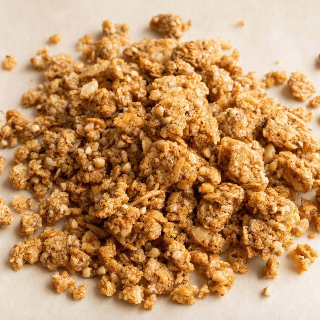 Gevşekçe yığılmış, altın kahverengi küçük ve düzensiz granola parçalarının arasında karabuğday taneleri seçiliyor; dokusu iri ve ufalanmış görünüyor.