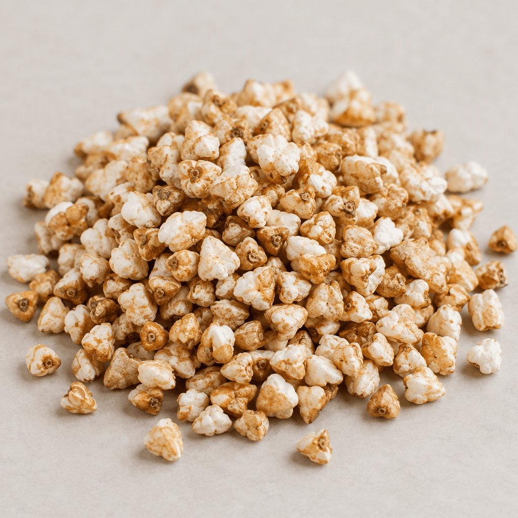 Small, dry, irregularly shaped buckwheat kernels, puffed into a light, airy texture and ranging from pale beige to warm golden brown, are scattered in a loose mound.