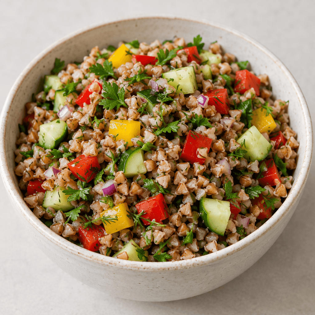 A bowl of loose, triangular buckwheat groats in shades of tan and brown, mixed with diced red and yellow peppers, chopped cucumber, green herbs and small red onion pieces, with the grains’ slightly rough texture clearly visible.
