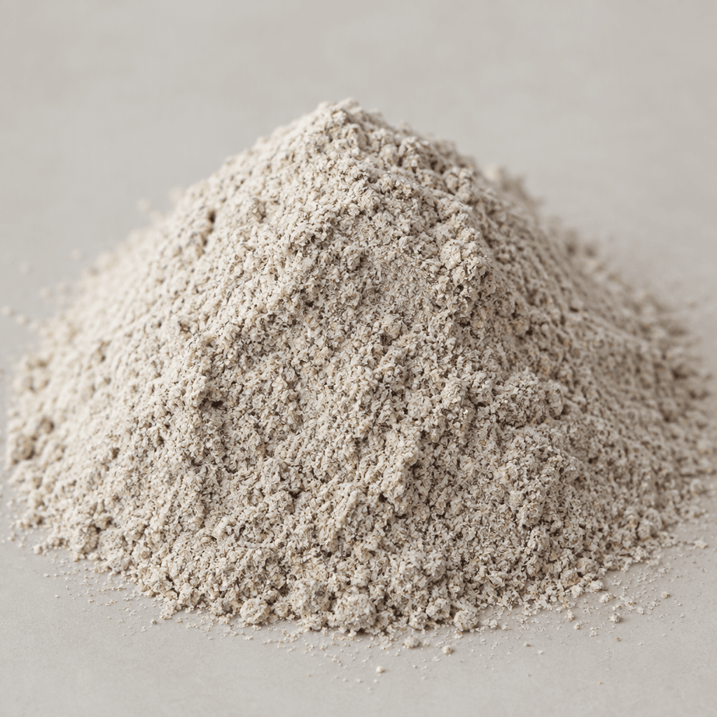 A loose mound of fine buckwheat flour with a muted grayish-beige colour and a slightly speckled, powdery texture.