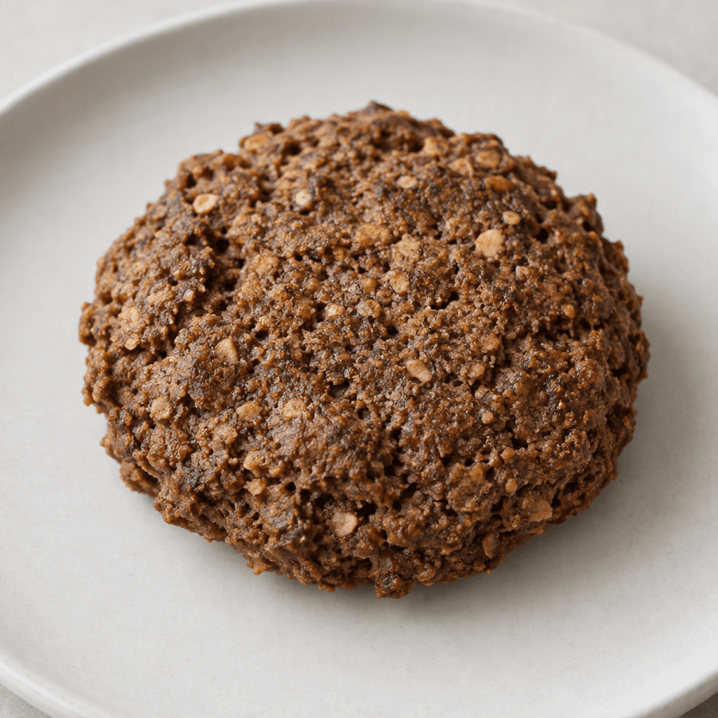 A round, rustic buckwheat cookie with a dark brown, slightly grainy surface and irregular edges, resting on a plain plate.