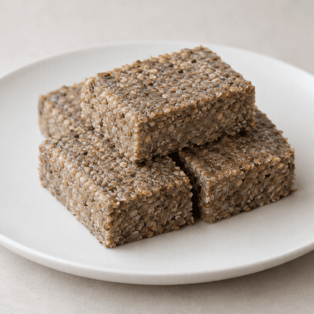 A compact, thick rice cake made with buckwheat, with a muted gray-brown color, a slightly coarse surface, and cleanly cut rectangular pieces arranged on a plain plate.