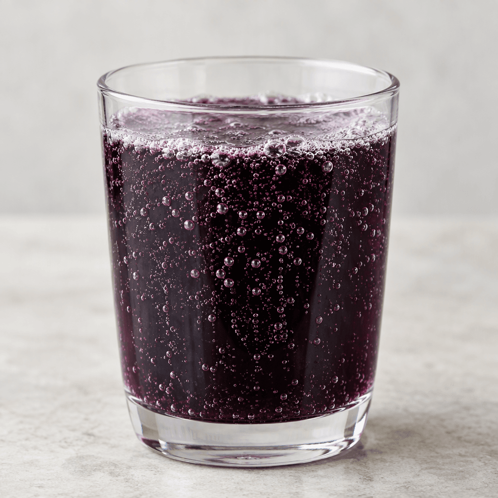 A clear glass filled with deep purple-black sparkling mineral water, with fine bubbles rising through the liquid and a light fizz at the surface.