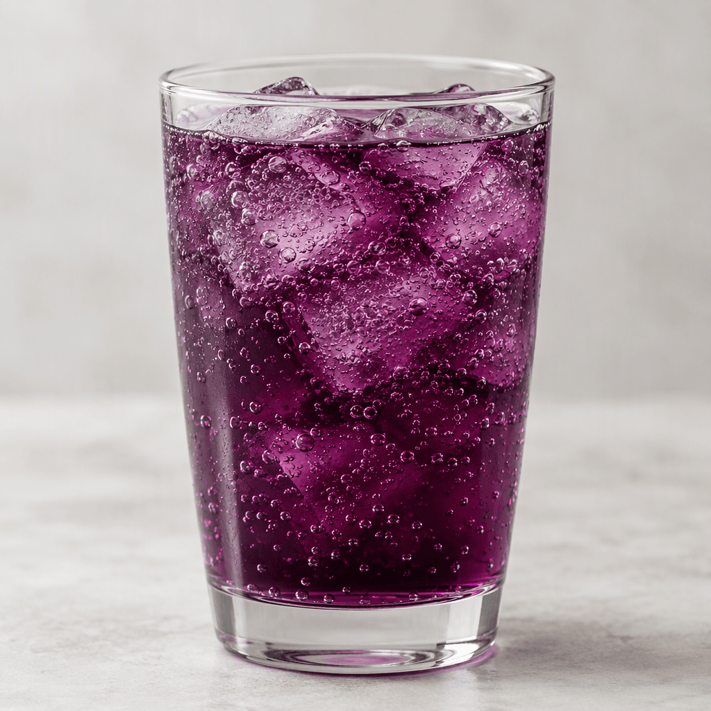 A deep purple, slightly translucent carbonated drink with fine bubbles, served in a clear glass.