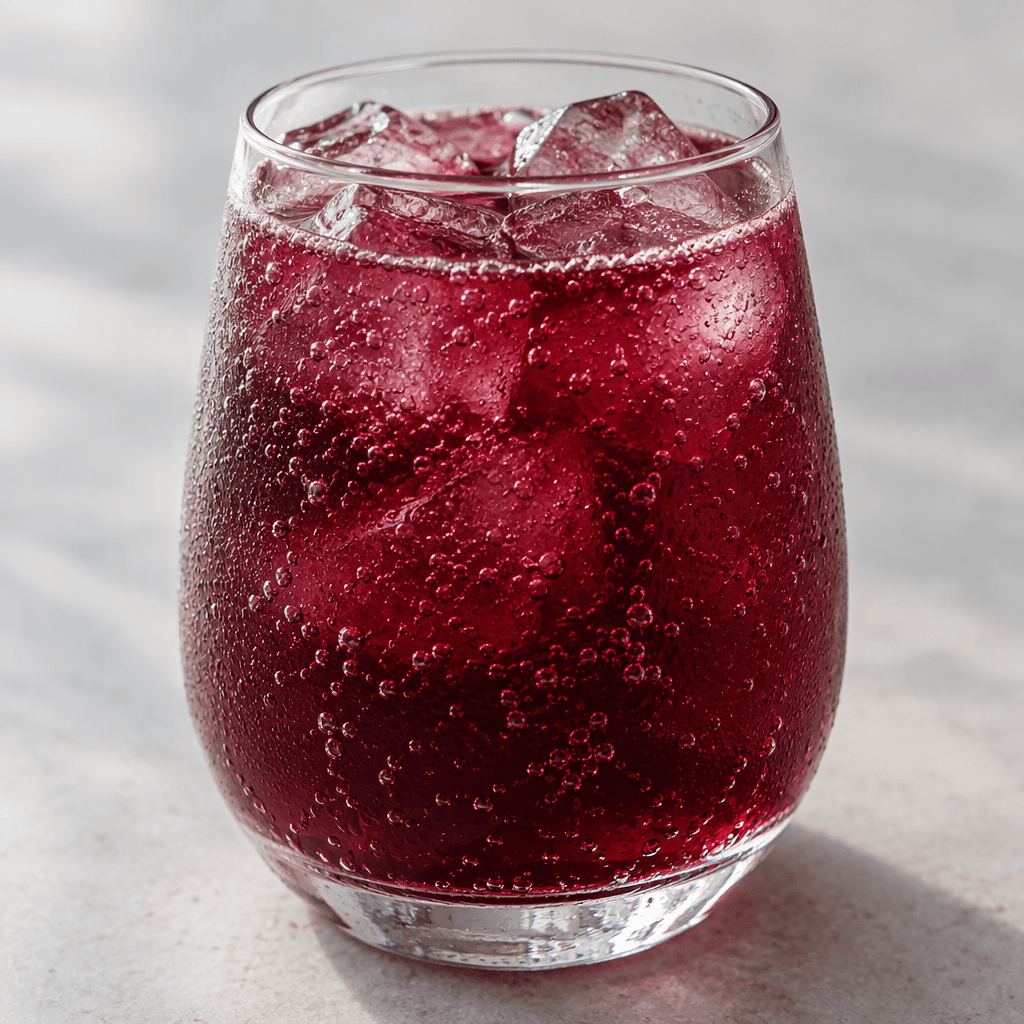 A clear, deep ruby-purple fizzy drink with fine bubbles, shown in a transparent glass.