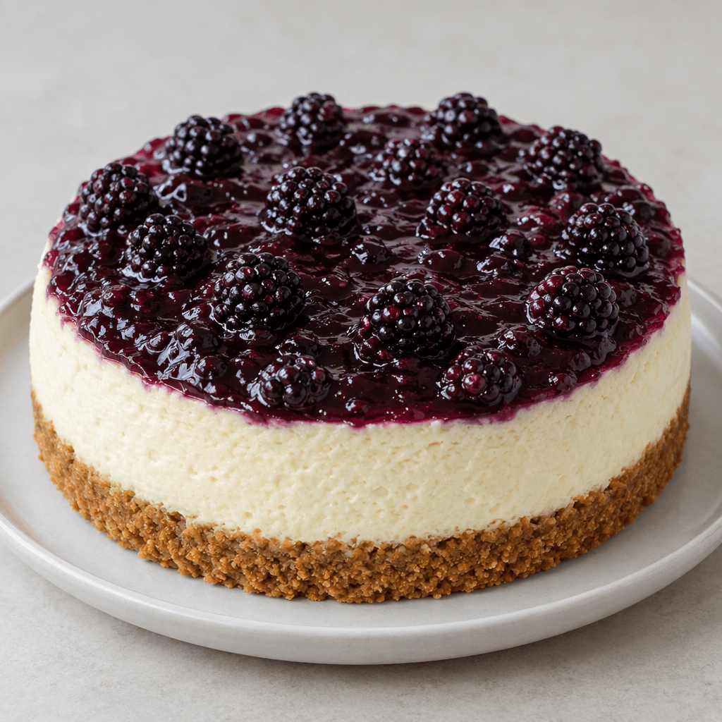 A round cheesecake with a golden-brown crumb crust, a thick smooth ivory filling, and a glossy deep-purple blackberry topping dotted with whole dark berries, sits on a plate.