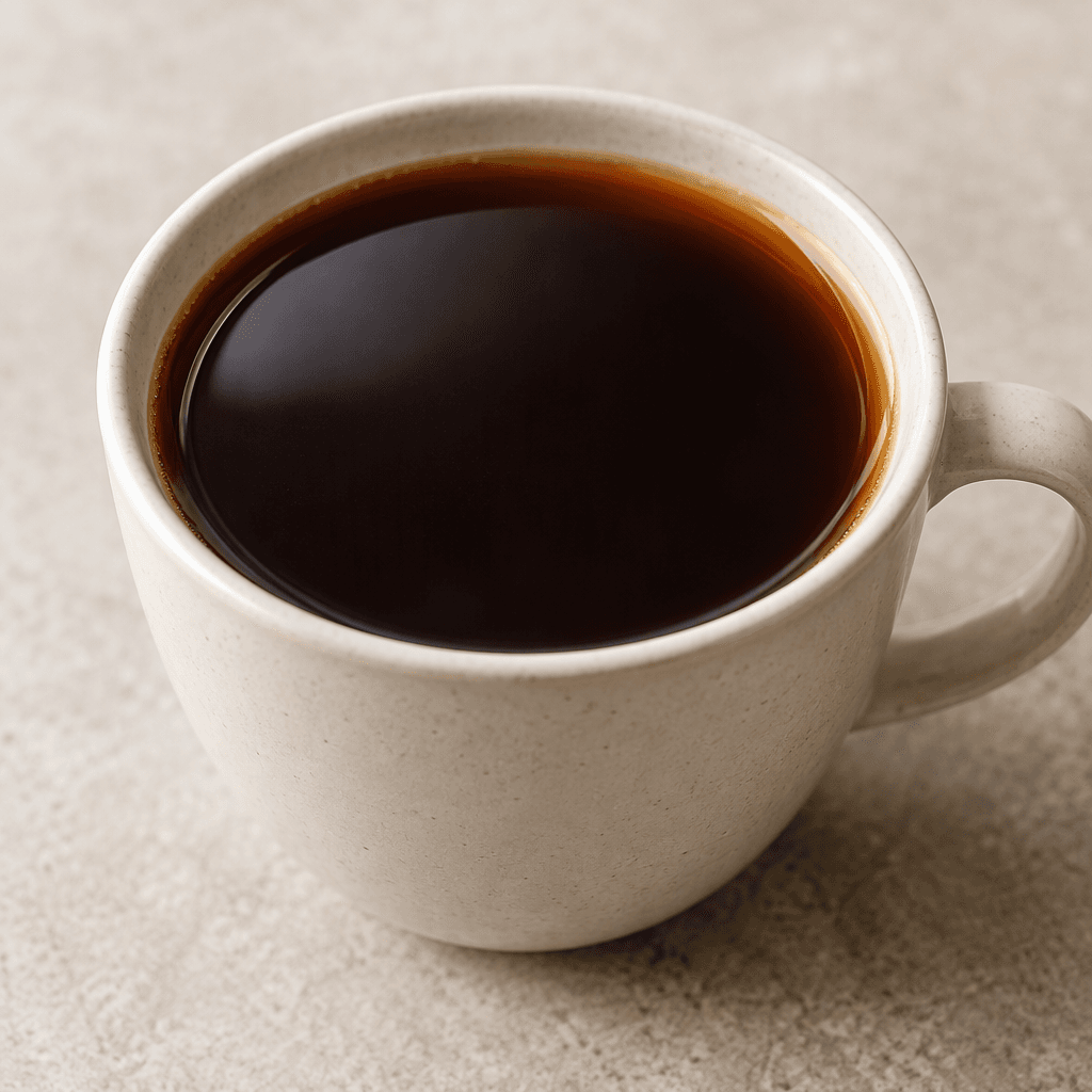 A clear, deep brown drink fills a simple cup, with a smooth surface and a faint amber glow around the edges.
