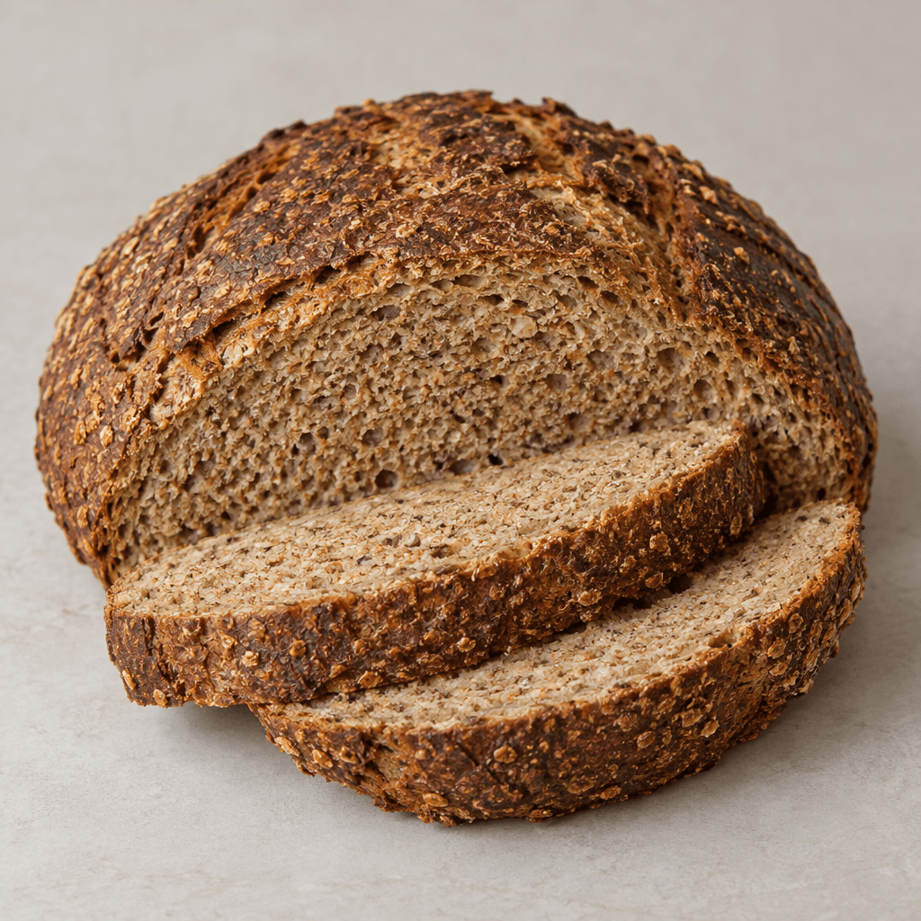 A rustic, round-to-oval loaf made from dark whole-grain wheat flour, with a thick deep-brown crust, a dense tan crumb, and visible wheat-bran flecks, served whole or in thick slices on a plain surface.