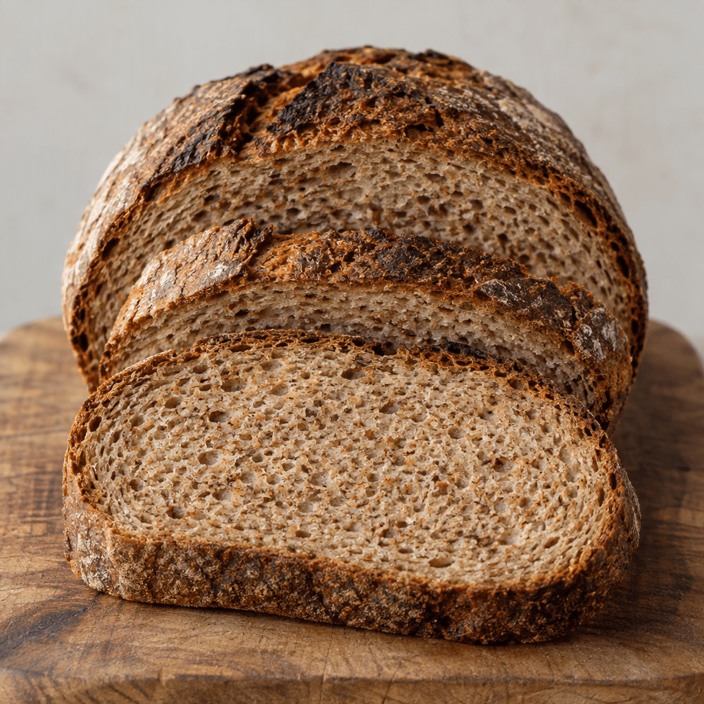 Thick slices of rustic Karakılçık wheat bread with deeply toasted dark-brown edges, a crisp mottled crust, and a dense tan crumb speckled with visible wheat bran, arranged on a wooden board.