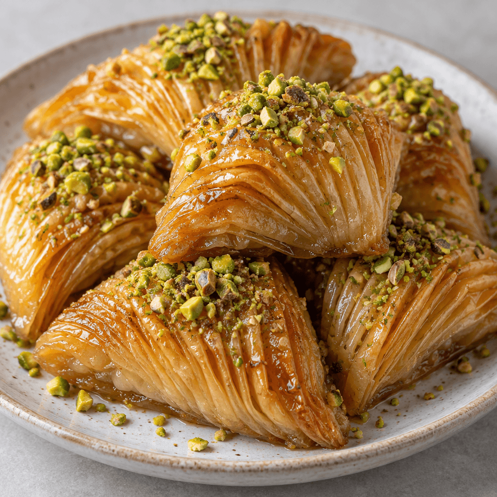 Golden-brown, folded pastry pieces with narrow ridges and a light syrupy sheen are arranged on a plate, with finely chopped green pistachios scattered over them.