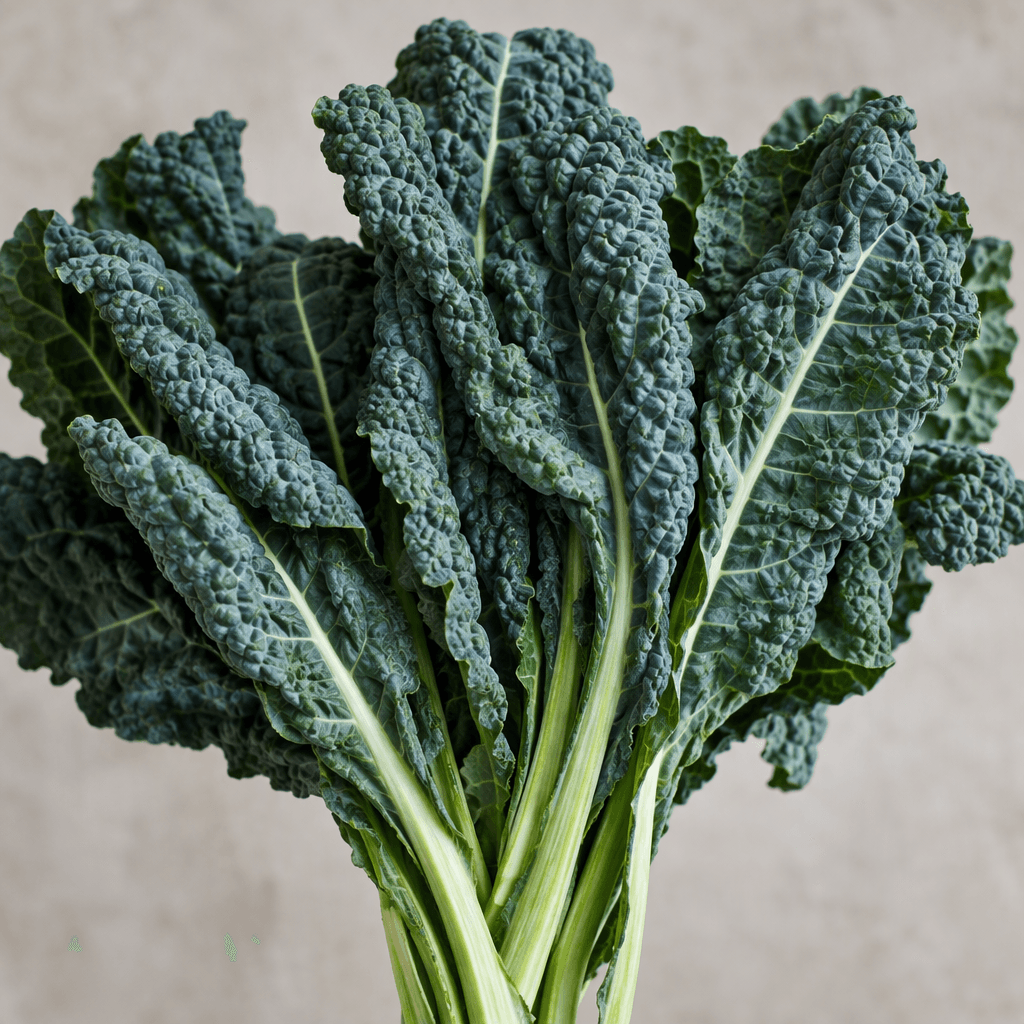 A bunch of dark bluish-green cabbage leaves with broad, heavily crinkled surfaces, thick pale ribs, and long sturdy stems.