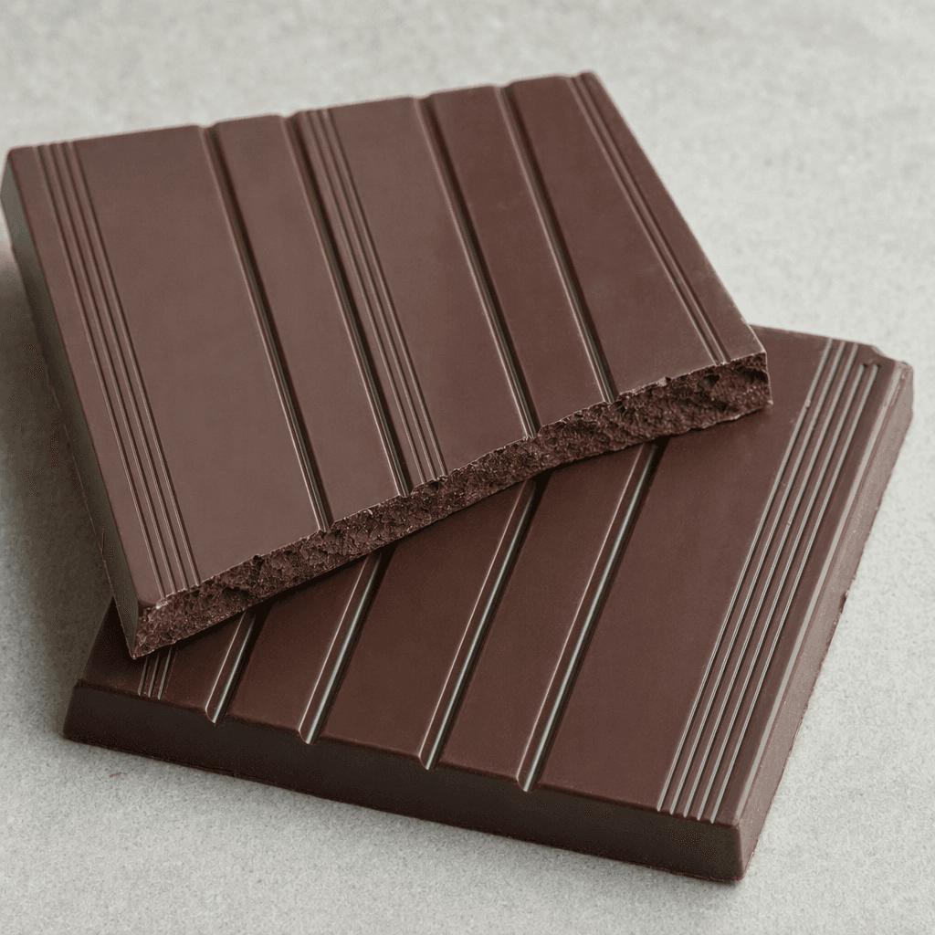 A dark, nearly black-brown chocolate bar with a smooth surface, divided into neat rectangular segments and shown broken to reveal a dense, clean-edged interior.