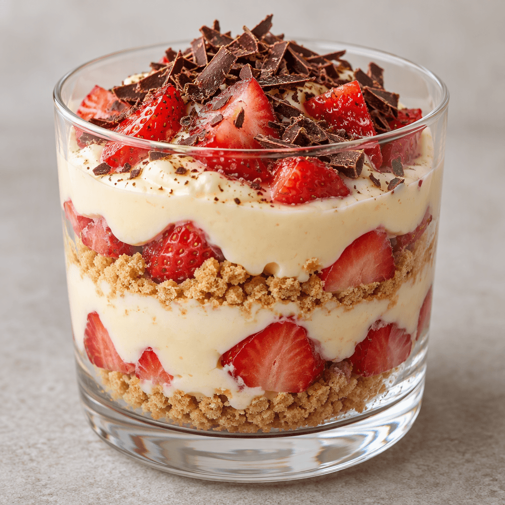 A clear dessert glass holds pale, creamy pudding layered with crushed biscuit crumbs and red strawberry pieces, topped with chocolate shavings.