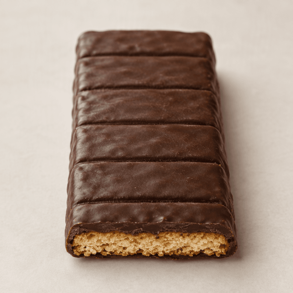 A rectangular, dark-brown chocolate-coated biscuit bar, with neat scored sections and a crisp golden biscuit layer visible beneath the coating.