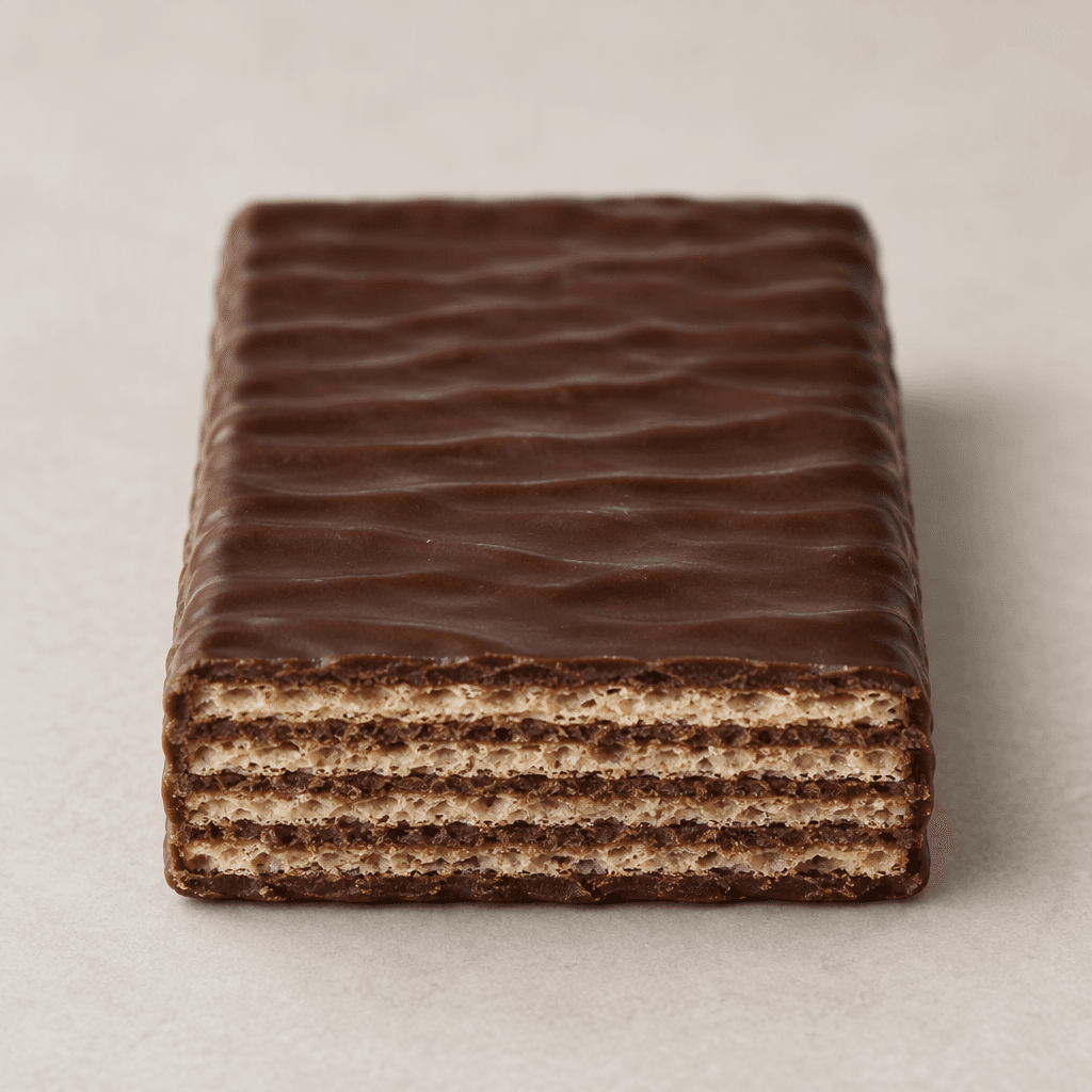 A rectangular wafer bar coated in dark brown chocolate, with crisp, thin wafer layers visible along its edges and a smooth, slightly ridged top.