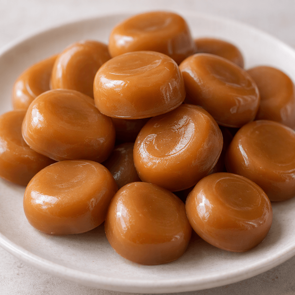 Small, glossy amber-brown caramel sweets with smooth, slightly rounded edges are arranged on a plate.