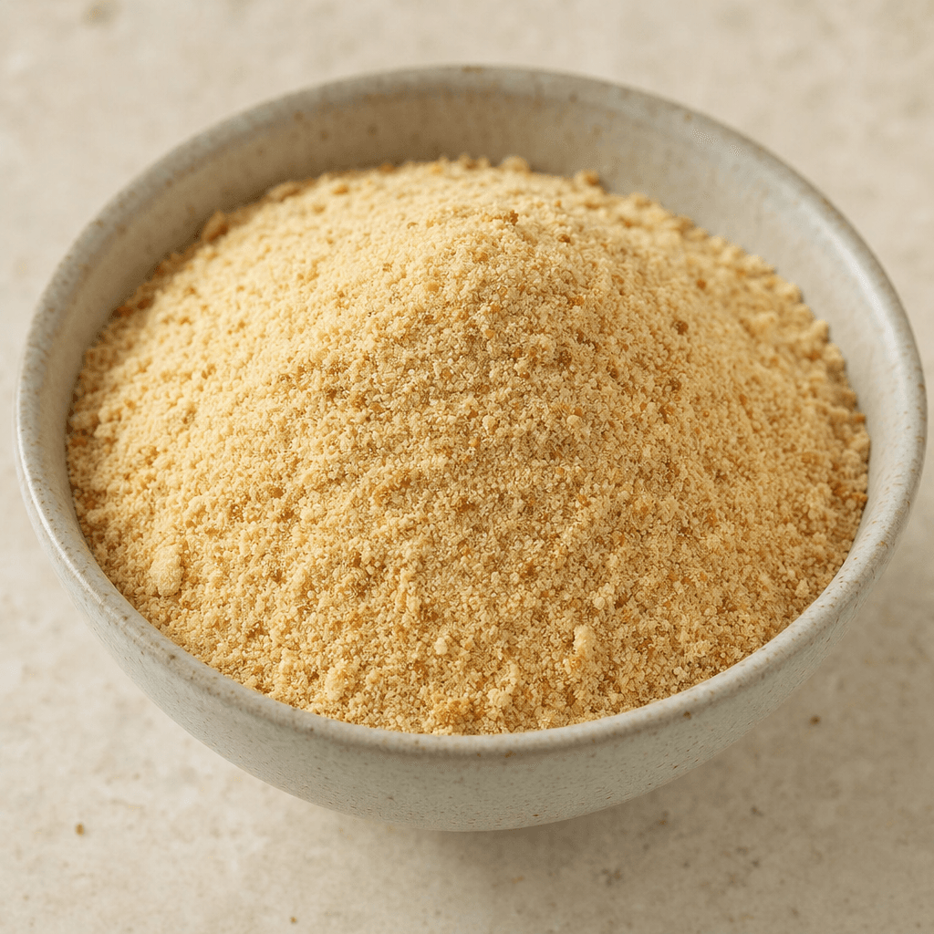 A mound of fine, sandy beige powder with a few darker biscuit-colored flecks sits in a small bowl.