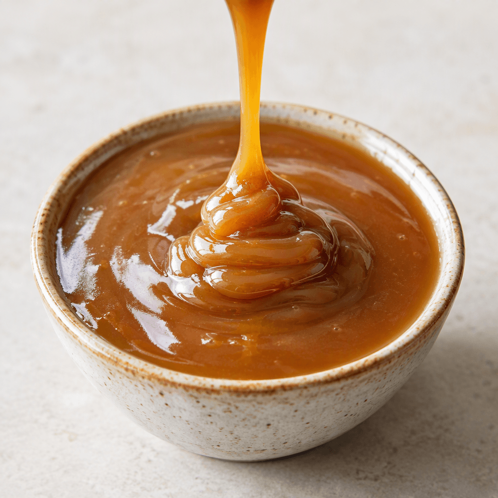Glossy, thick amber-brown caramel sauce pools in a small bowl, with a smooth surface and a slow ribbon drizzling over the top.