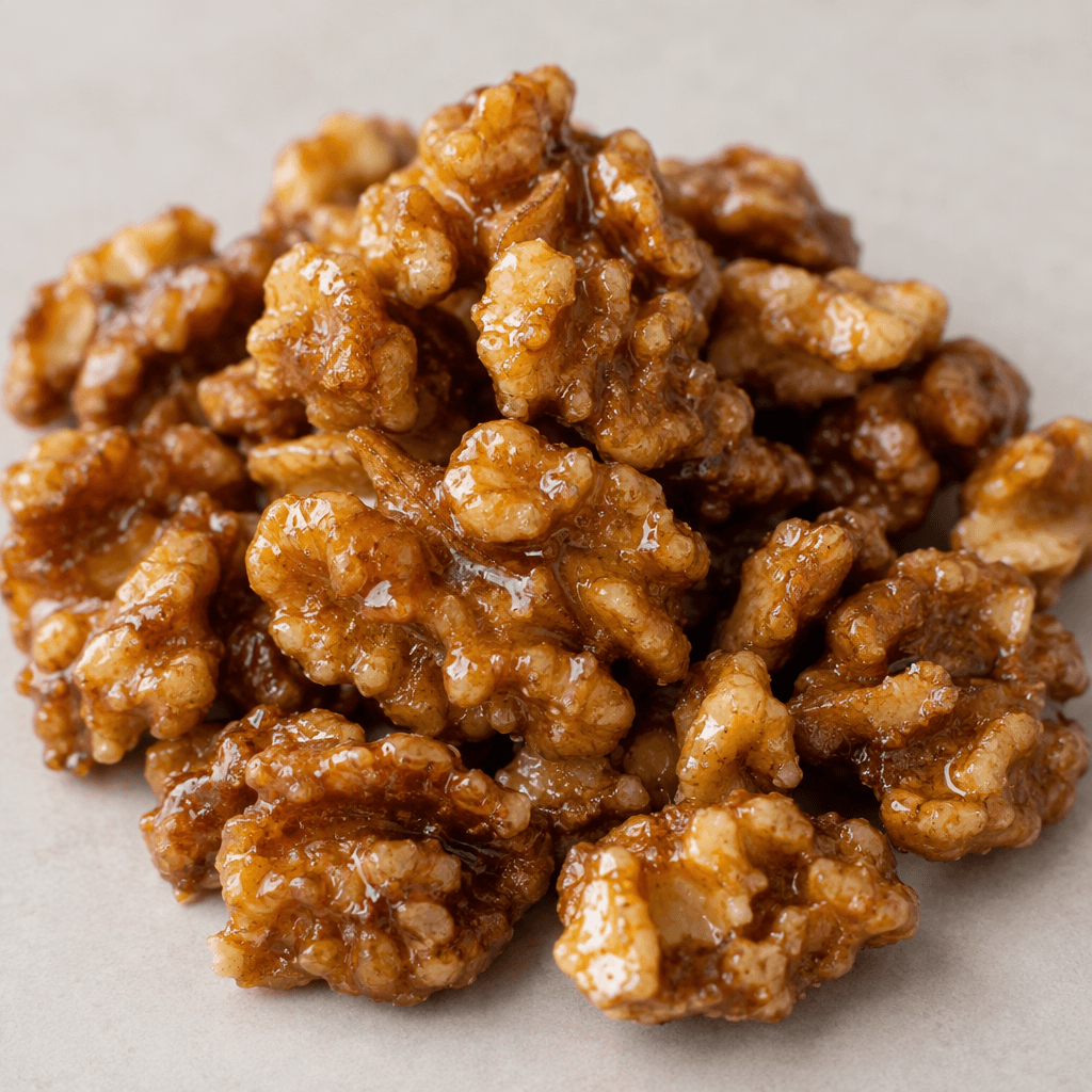 Irregular walnut halves and pieces with deeply ridged surfaces are coated in a glossy amber-brown sugar glaze and scattered together.