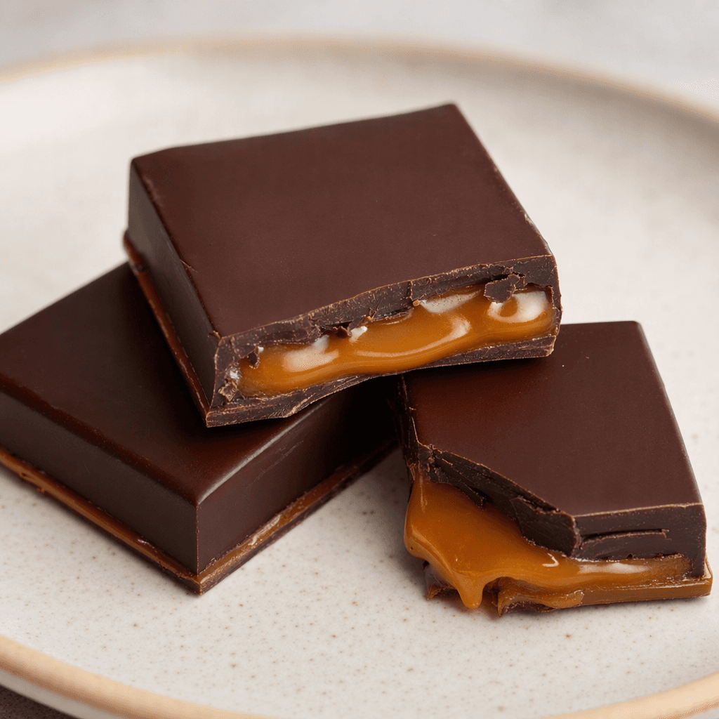 A few dark, nearly black-brown chocolate pieces with a smooth sheen are arranged on a plate, with amber caramel visible in a glossy layer and at the broken edges.